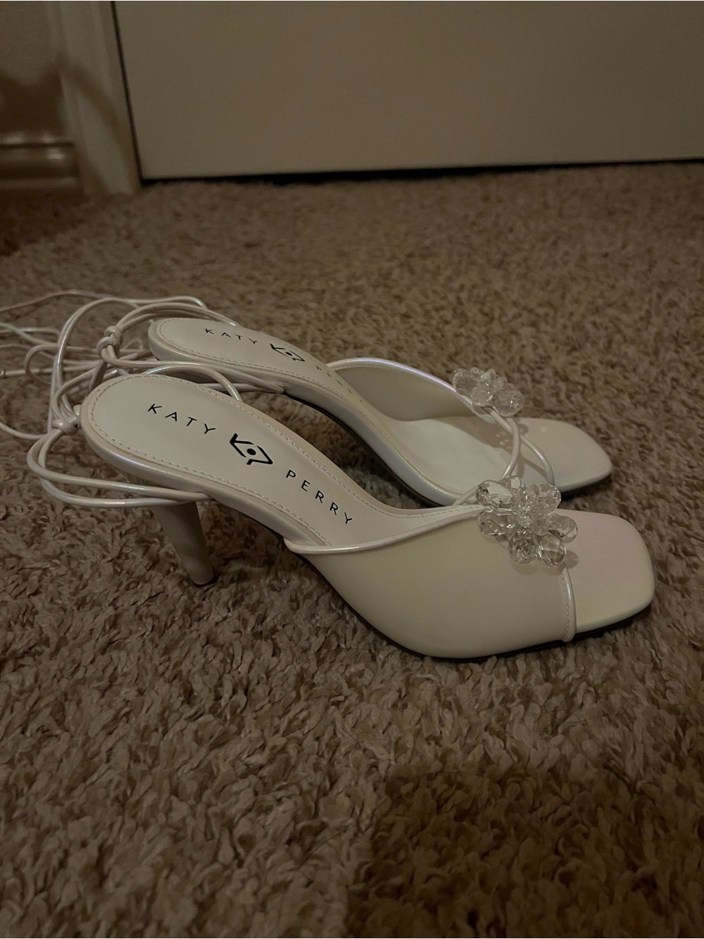 Katy Perry Collections White Lace-Up Crystal Flower Heeled Sandals